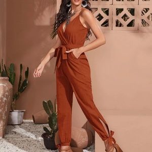 SHEIN Surplice Knot Hem Belted Slip Jumpsuit